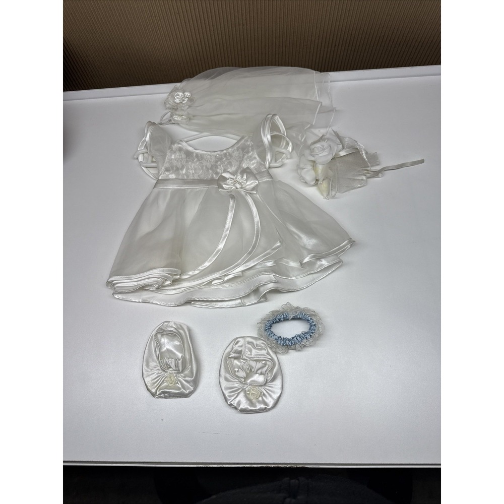 Build a Bear Glitter Wedding Dress With Veil, Shoes, Garter Belt Flowers